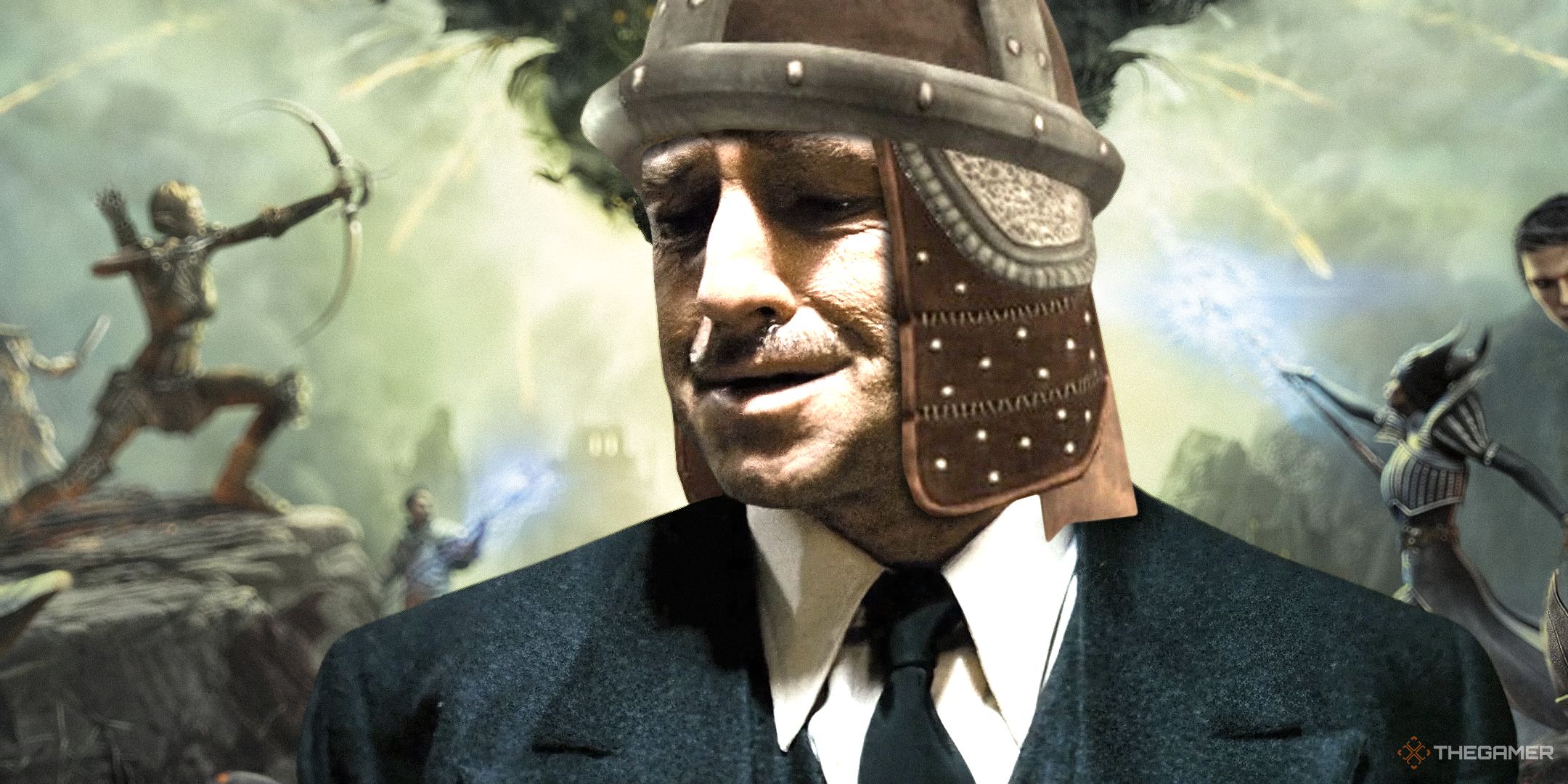 The Godfather wearing a silly Dragon Age Origins hat in front of the Dragon Age Inquisition key art.