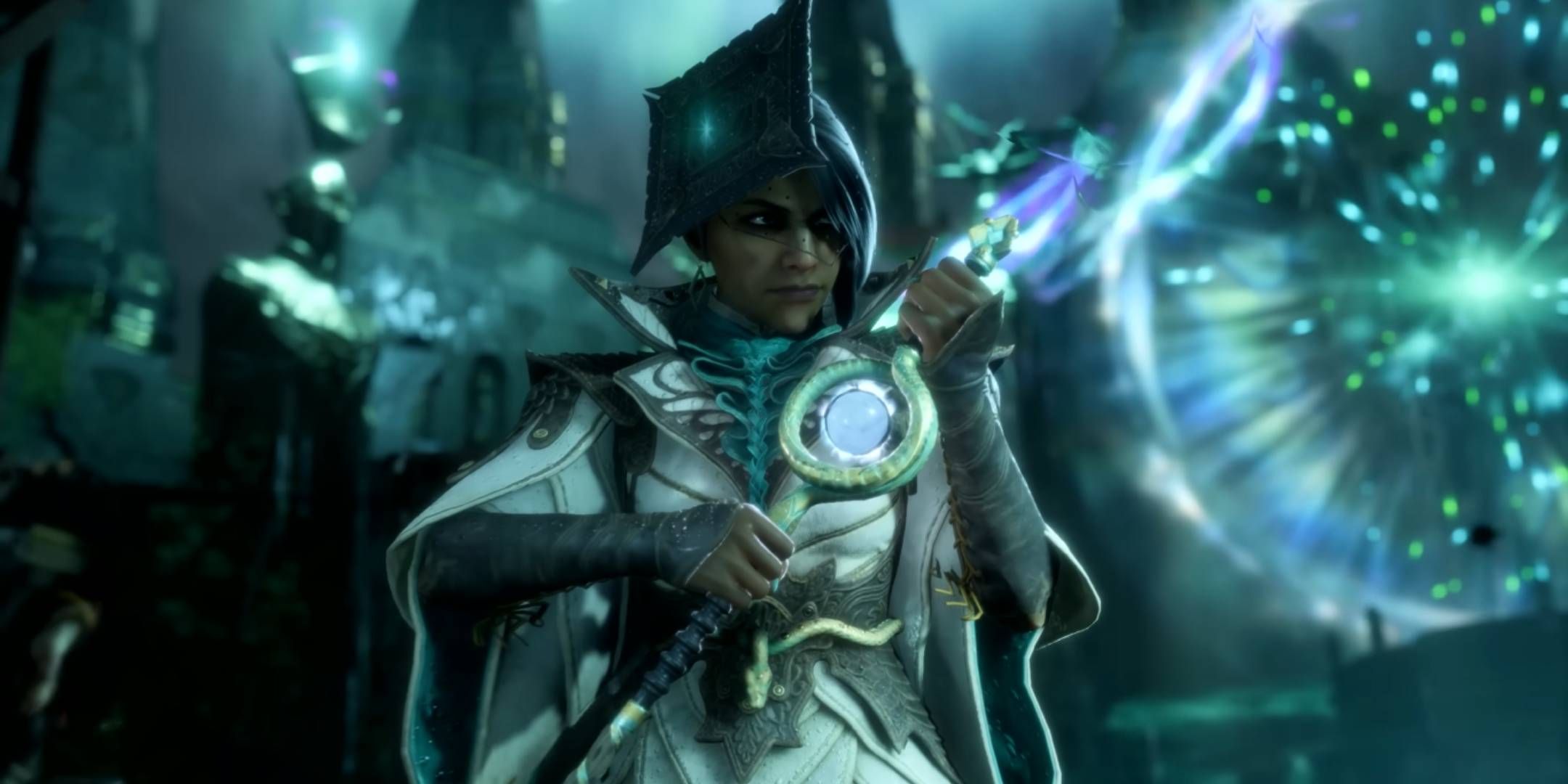 Neve Gallus holding her wand preparing for battle with a grim expression on her face in Dragon Age: The Veilguard.