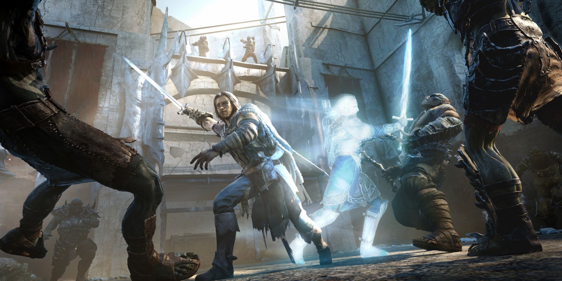 Talion fighting orcs in Middle-Earth: Shadow of Mordor.