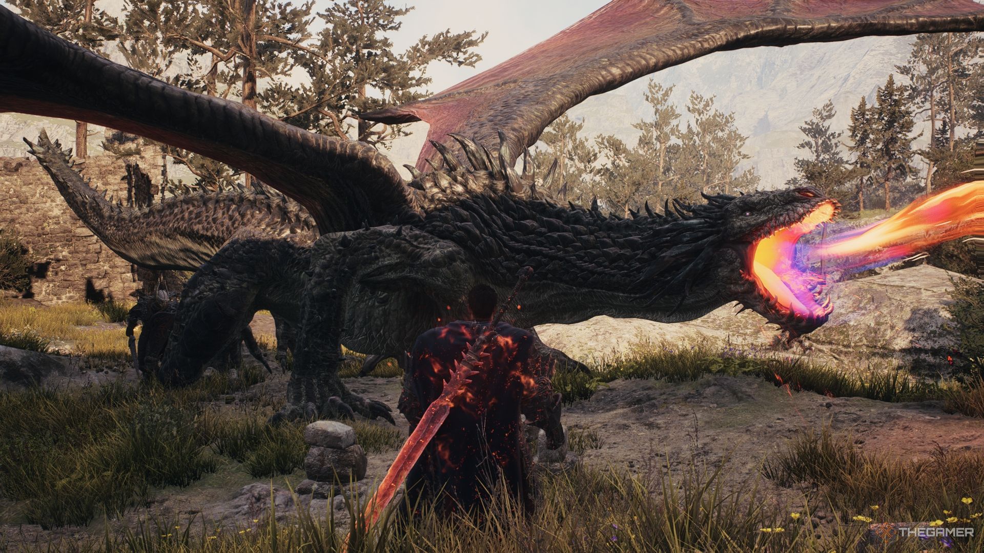 A dragon breathing fire in Dragon's Dogma 2.