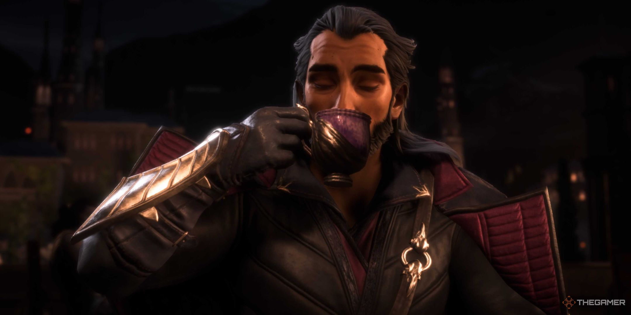 Lucanis drinking coffee in Dragon Age: The Veilguard