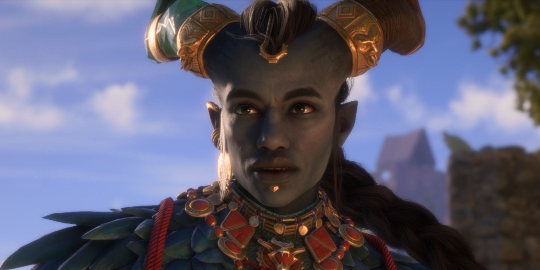 A close up of Taash from Dragon Age: The Veilguard