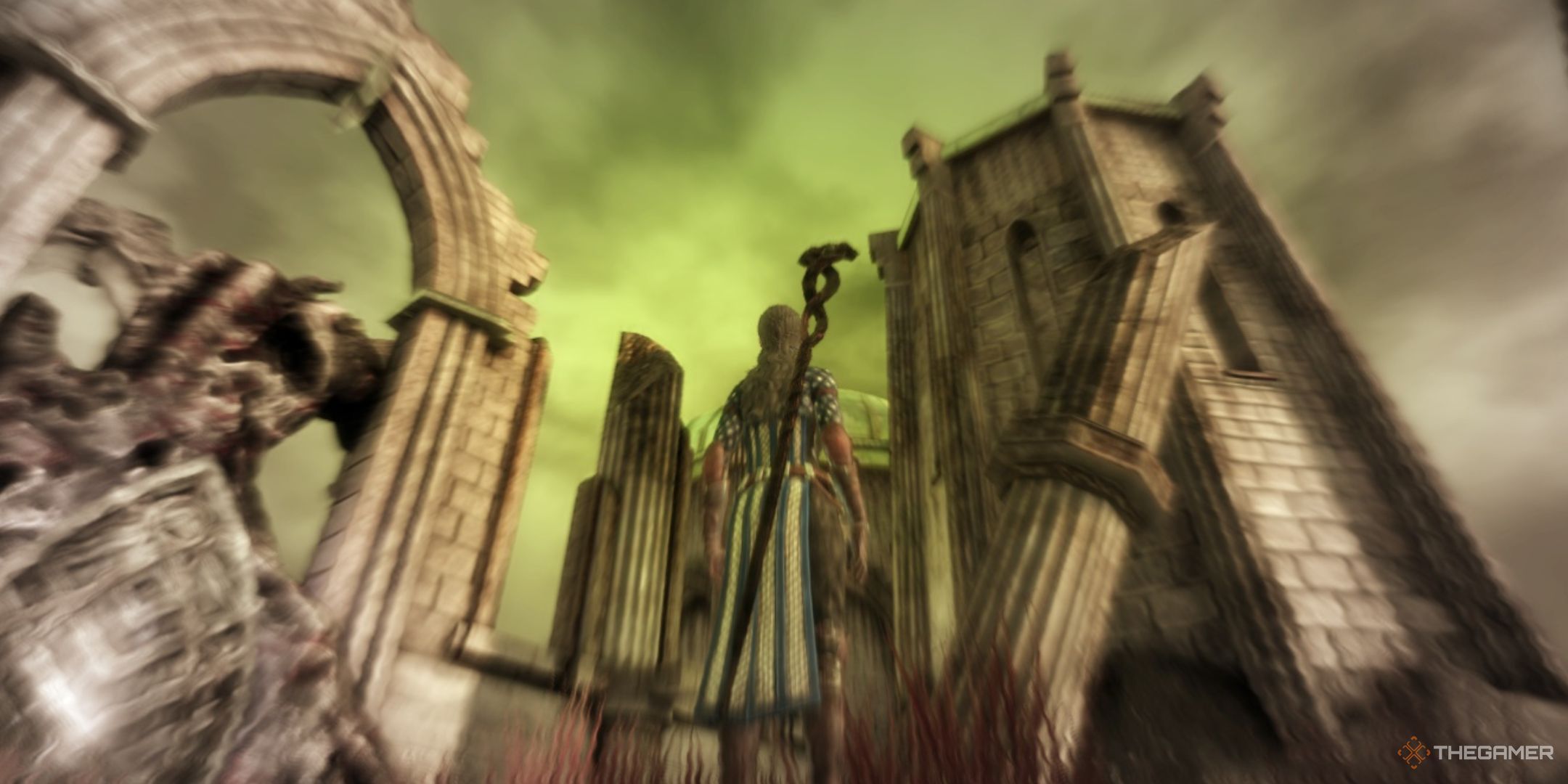 The Fade in Dragon Age: Origins. It contains destroyed buildings with a green sky in the background