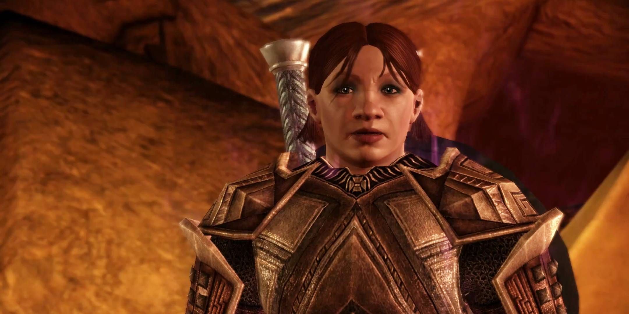 Branka talking to the Grey Warden in the Deep Roads in Dragon Age: Origins.