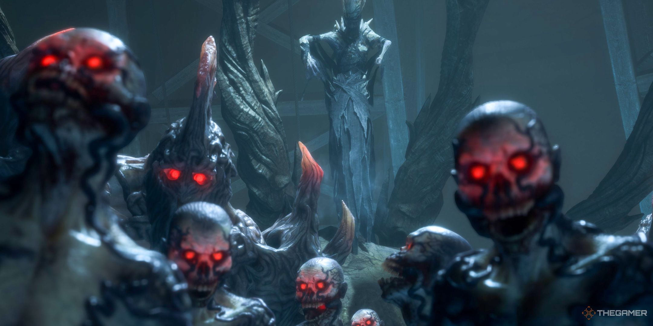 Swarm of Dark Spawn waiting for a robed figure to awaken in Dragon Age The Veilguard.