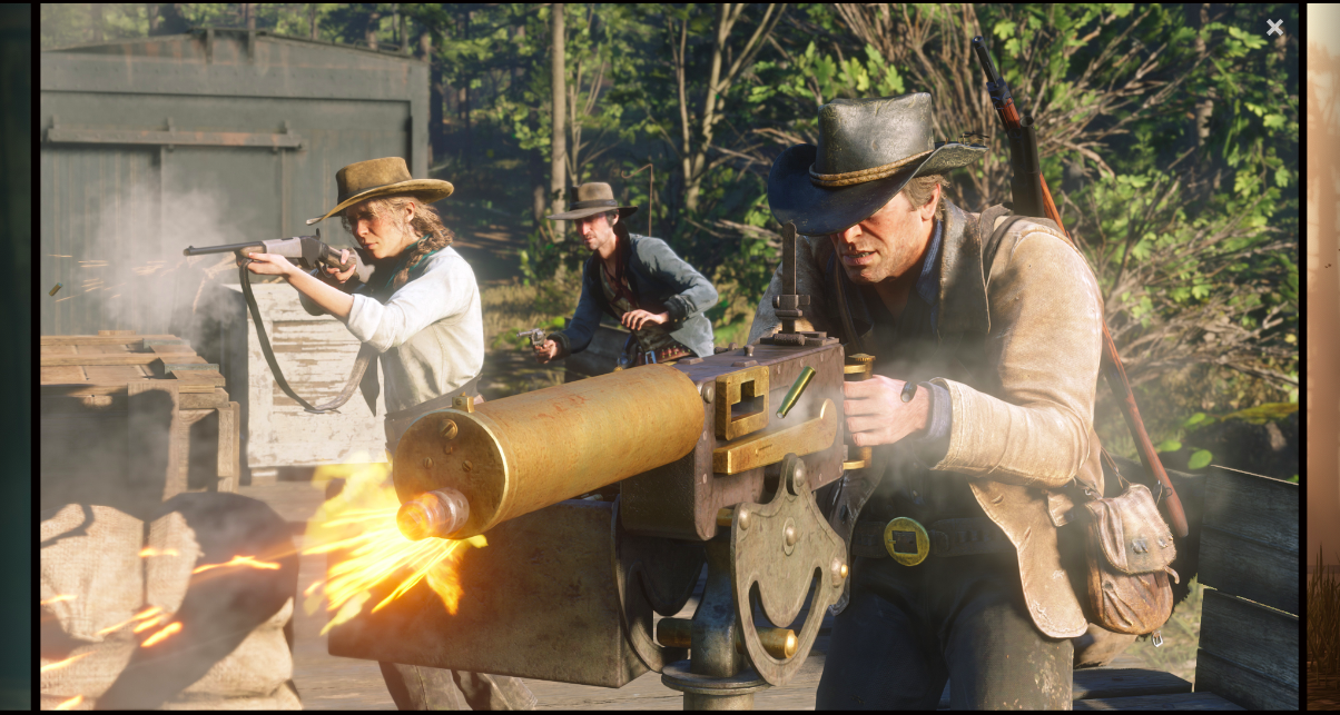 Arthur Morgan firing a gatling gun