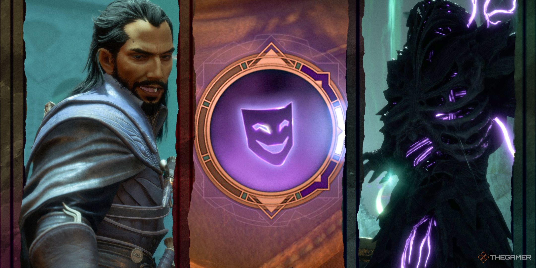 The funny option on the dialogue wheel with a smirking Lucanis on the left and a demon on the right.