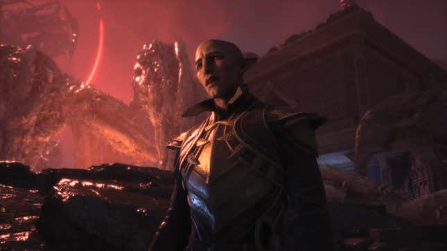 Solas looks at something off-screen while the blight ravages the city behind him.