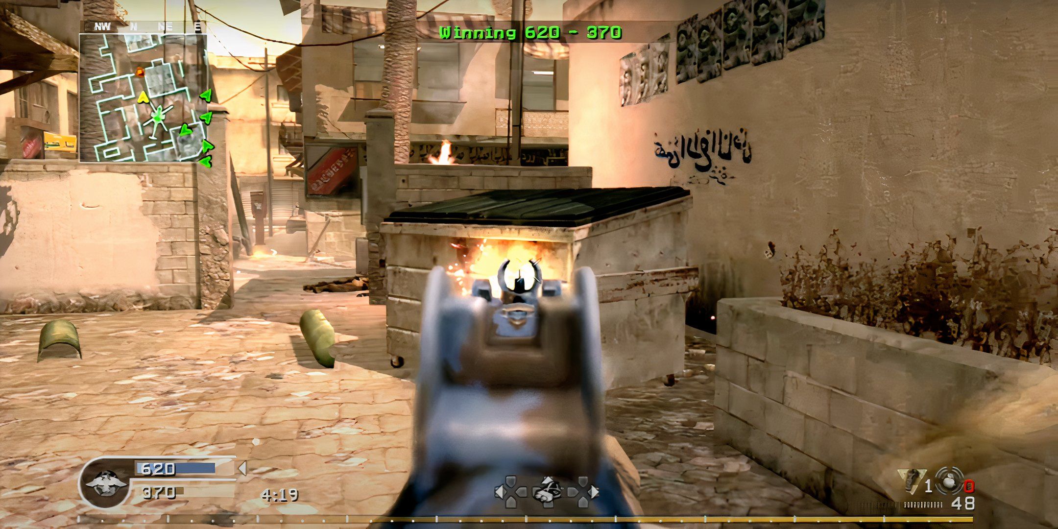 A first-person view of aiming down the sights on an assault rifle in the 2007 version Call of Duty: Modern Warfare.