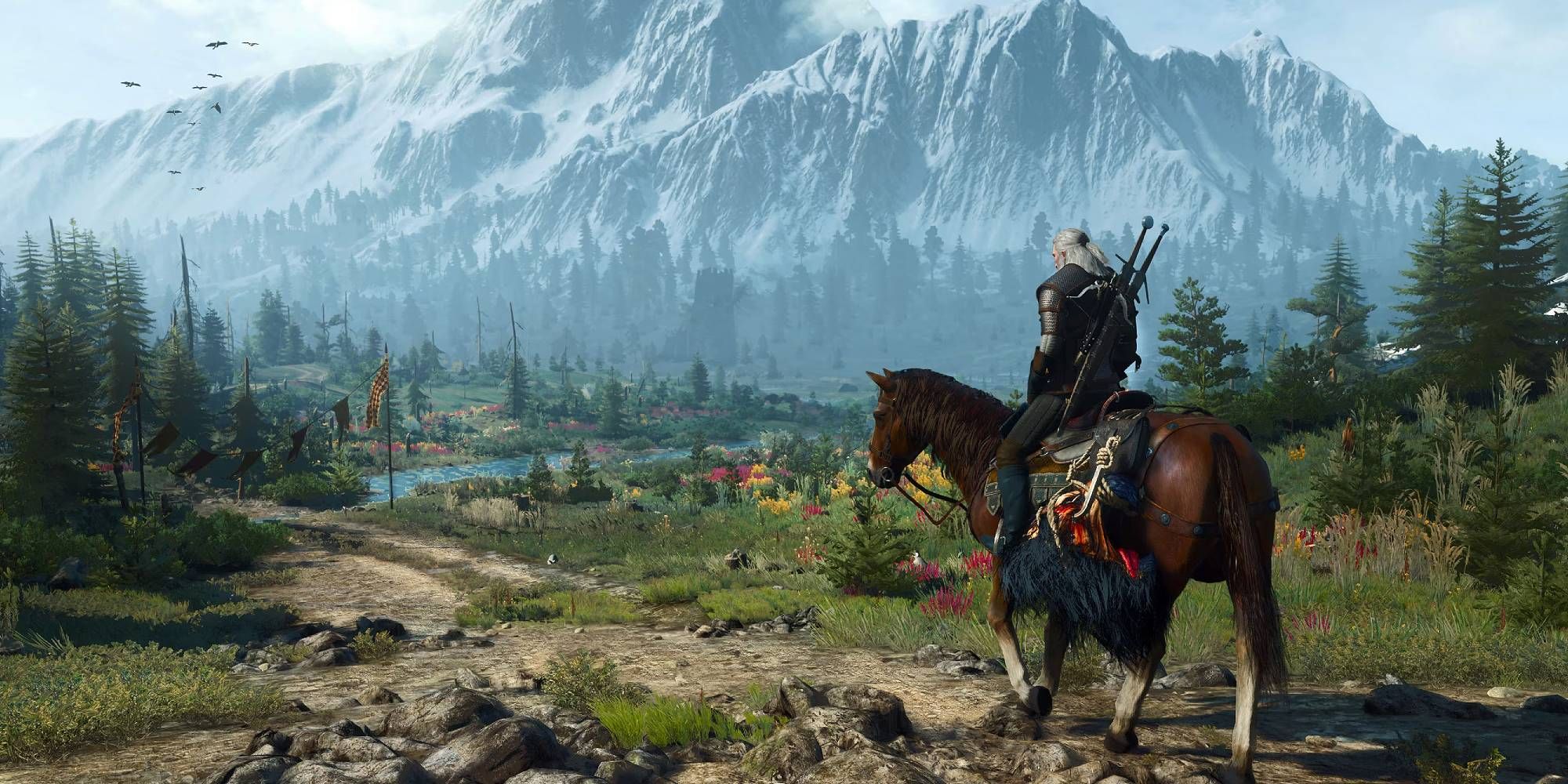 Geralt riding on Roach in a field in The Witcher 3.