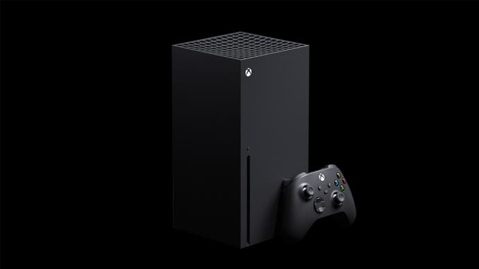 The Xbox Series X console on a black background.