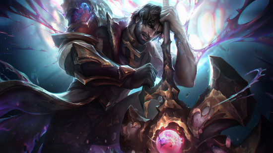 Best LoL skins: a man with scruffy hair and a beard holds on to his giant hammer for support. He looks tired.