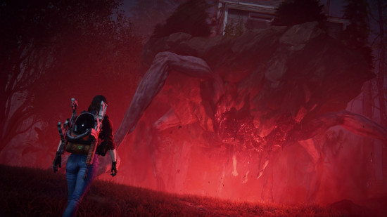 A survivor stands in front of a giant monster, as a forboding red light illuminates the area, in Once Human, one of the best new MMOs.