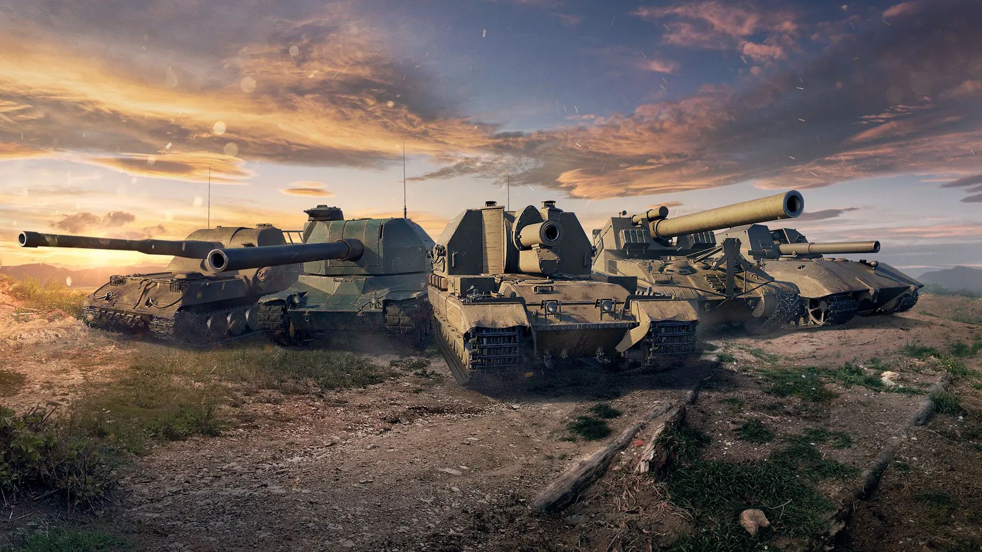 Best war games: five tanks lined up on arid terrain during a sunset