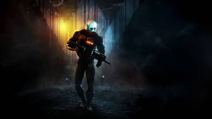 Key art for EVE: Vanguard, featuring a militia man running towards the camera, and two allies in the distance behind him.