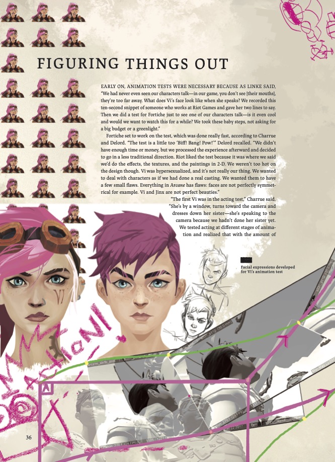 Interior artwork and text from The Art and Making of Arcane showing the development of a character