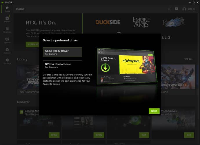 A screenshot of Nvidia's new app, asking if you're using the software for productivity or gaming.