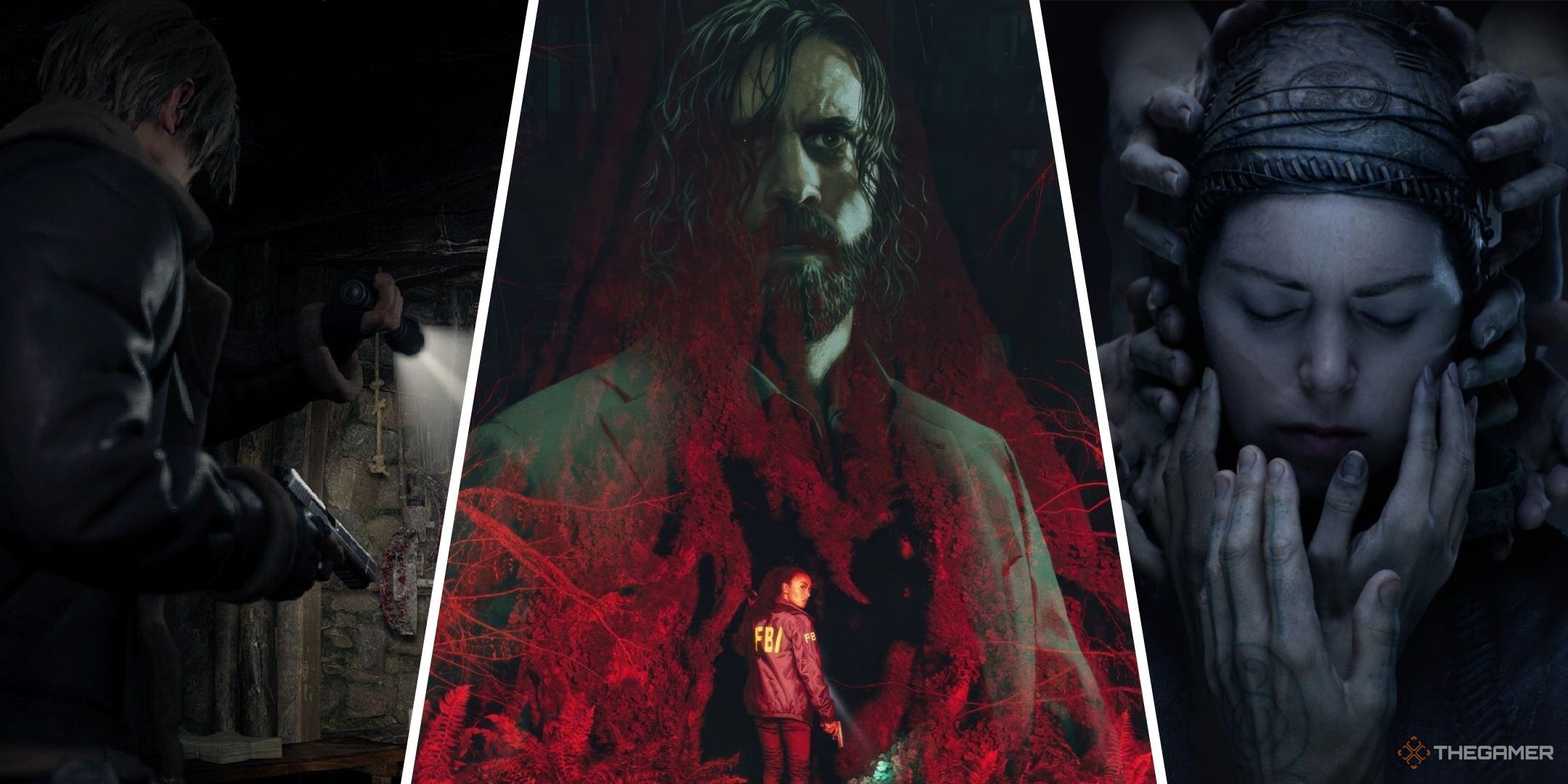 Games To Play If You Like Alan Wake 2 New Feature Image with Leon Kennedy with a gun and flashlight from Resident Evil 4 Remake, the main art for Alan Wake 2 with Saga and Alan over red lighting, and Senua in Hel