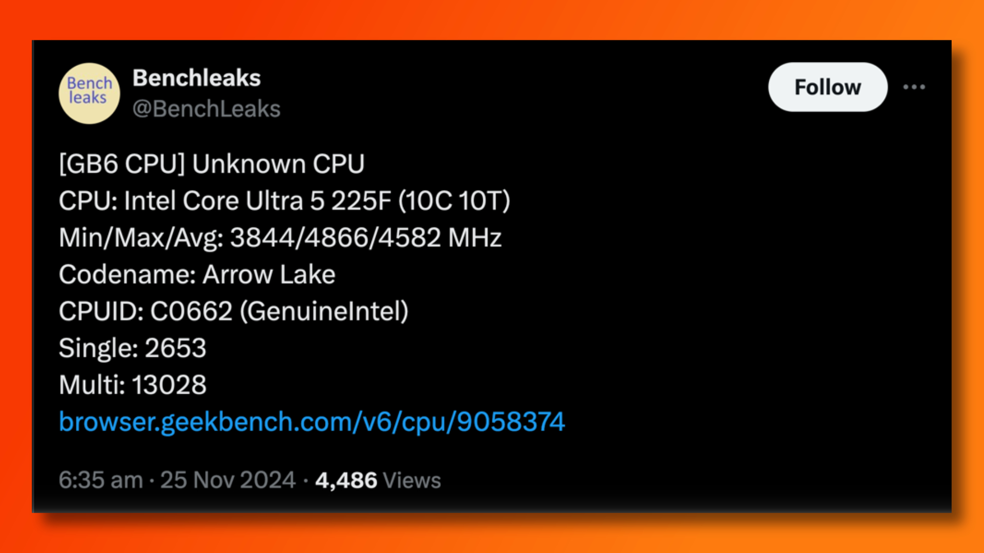 Twitter leak confirming new Intel Core Ultra 5 255F Geekbench benchmark leak