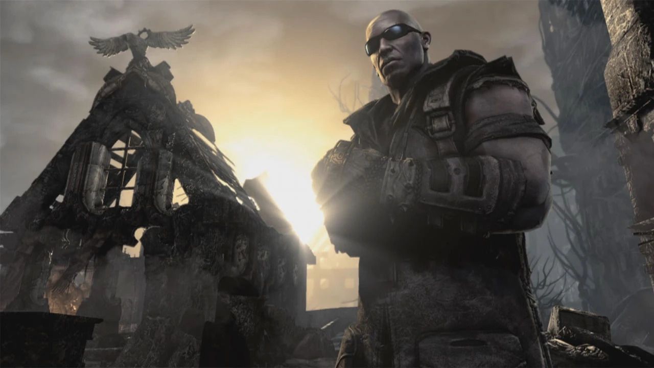 Aaron Griffin standing in front of a ruined church in Gears of War 3. 