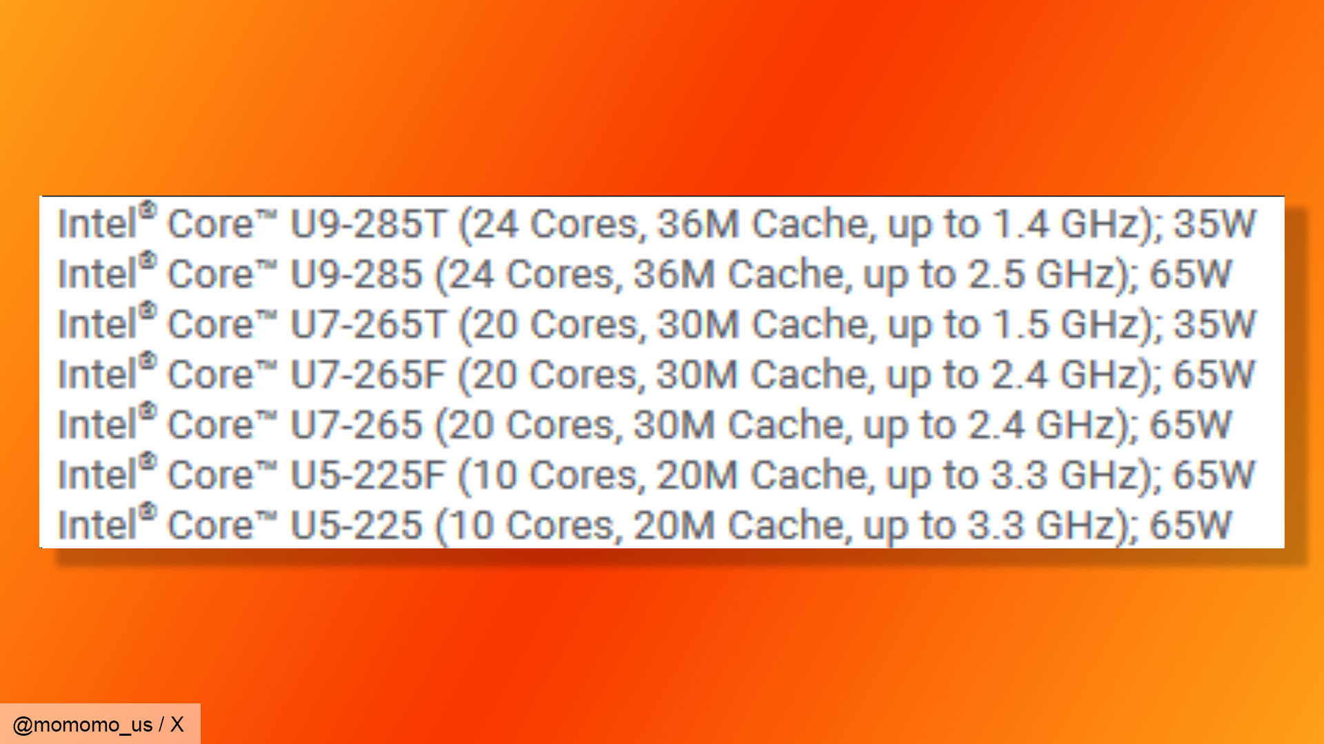 Intel Arrow Lake CPU specs leak, from momomo_us on X (formerly Twitter).