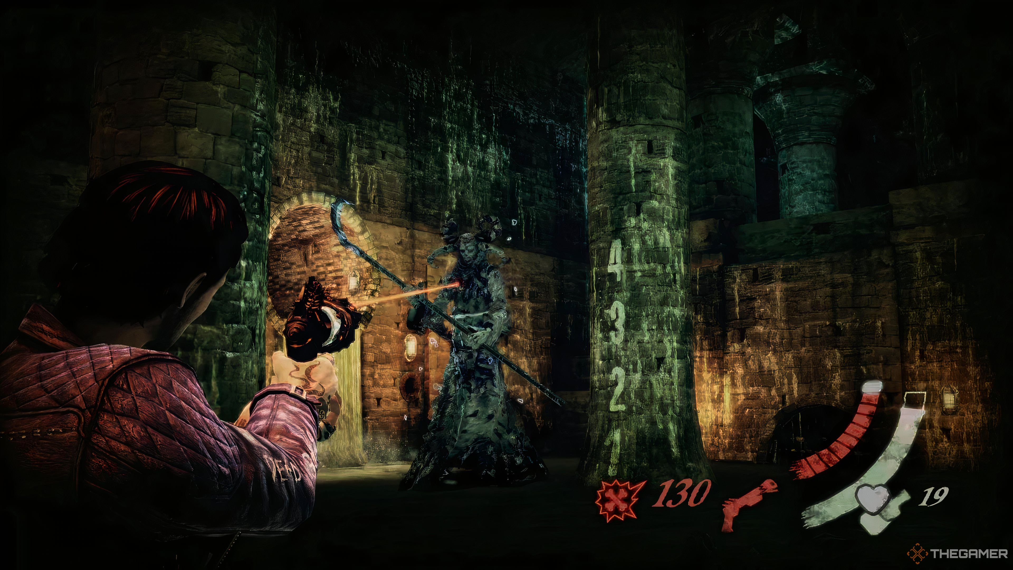 Garcia aiming at a boss in Shadows of the Damned: Hella Remastered.