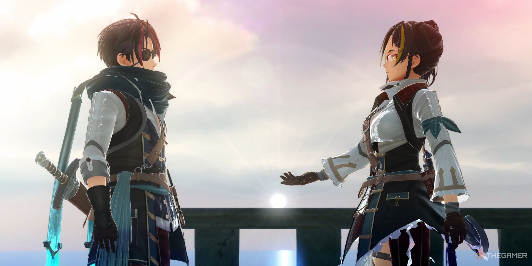 Ys X Nordics Adol and Karja standing with a beautiful scenery in the background.