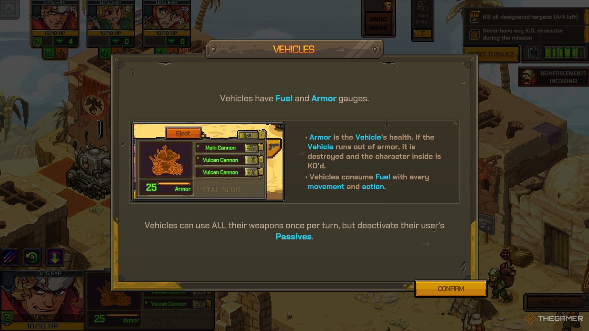 A tutorial window explaining how vehicles work in Metal Slug Tactics.