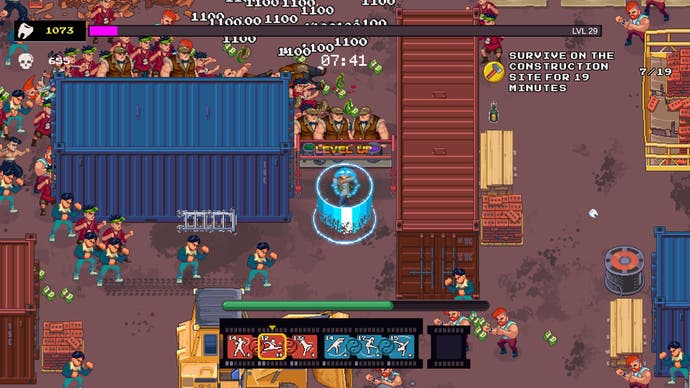 Arcade roguelite game Karate Survivors. We see, from a distance, a construction site filled with 80s and 90s-themed hoodlums, who are all chasing one lonely kung-fu master guy. Their mistake.