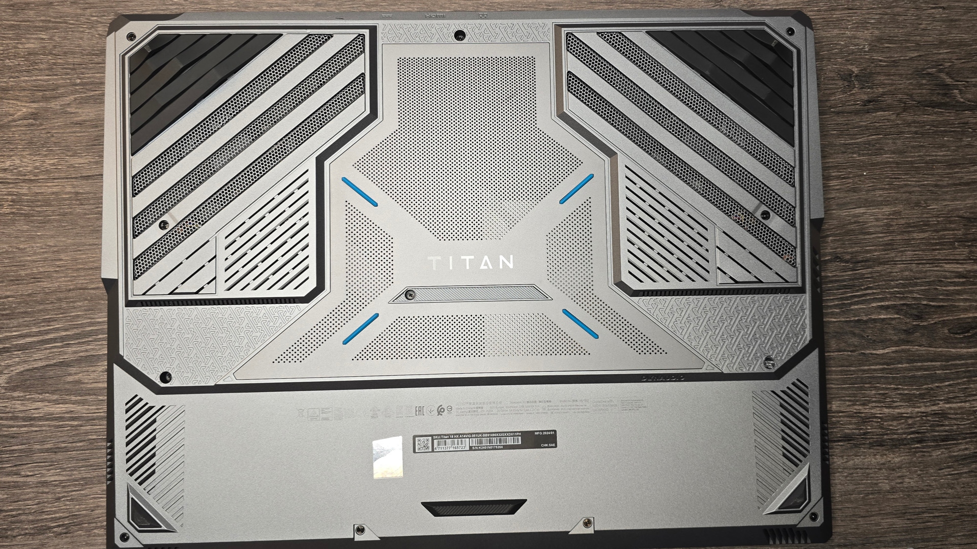 The MSI Titan 18 HX gaming laptop's underside.