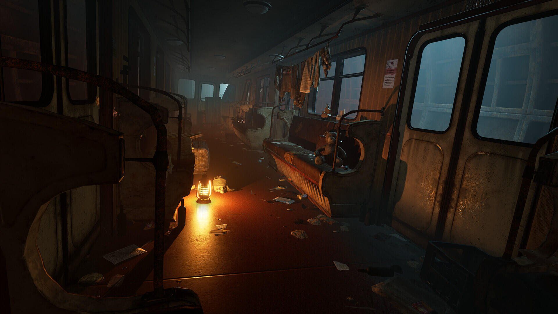 The player explores an abandoned train car in metro awakening. 