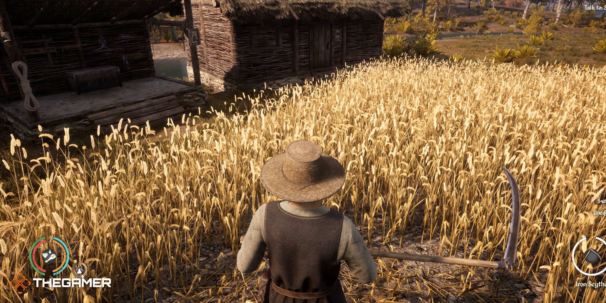 medieval dynasty farmer with scythe near field of wheat