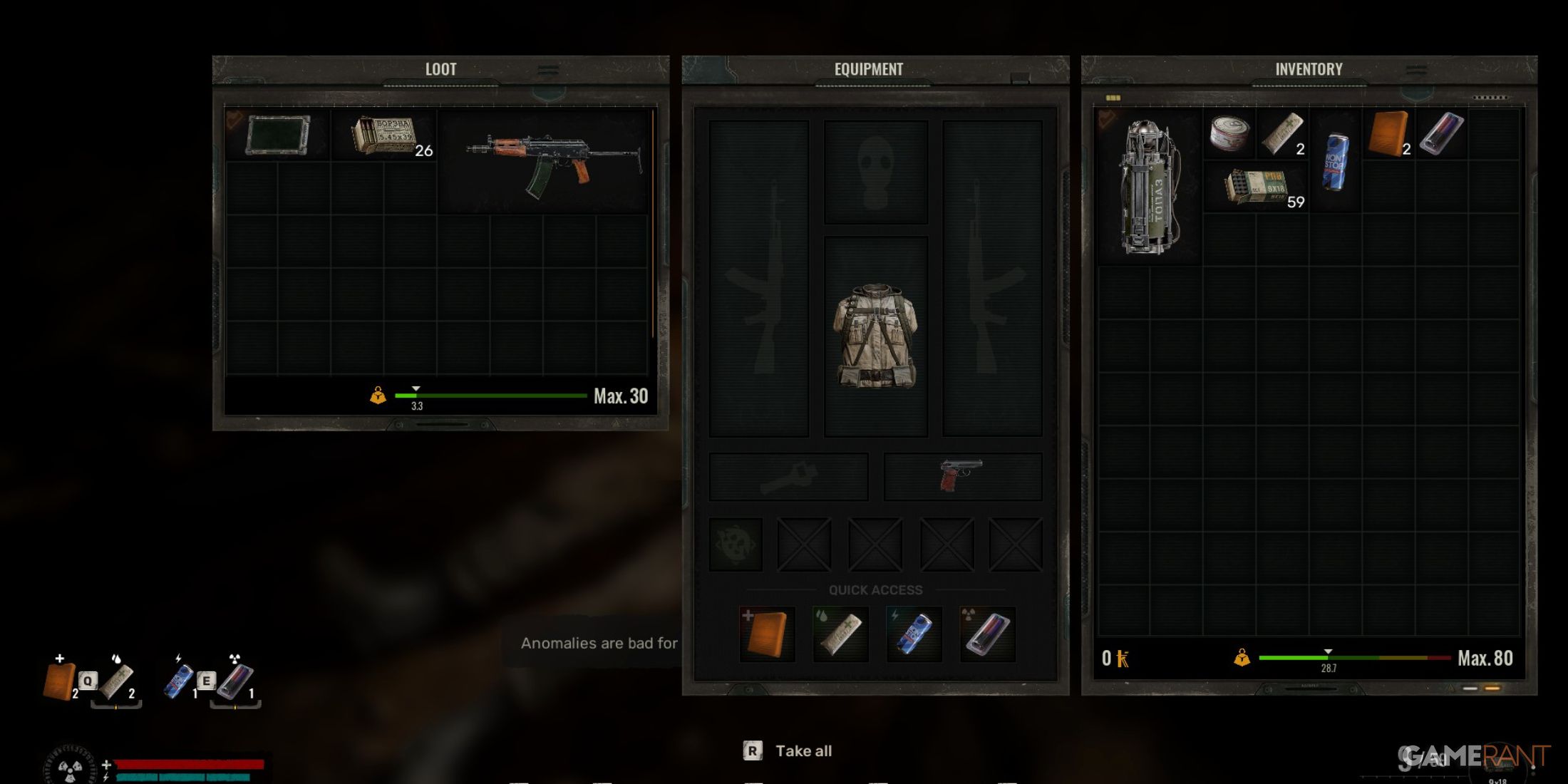 Loot and equipment management interface showing items and stats in a dark environment in STALKER 2