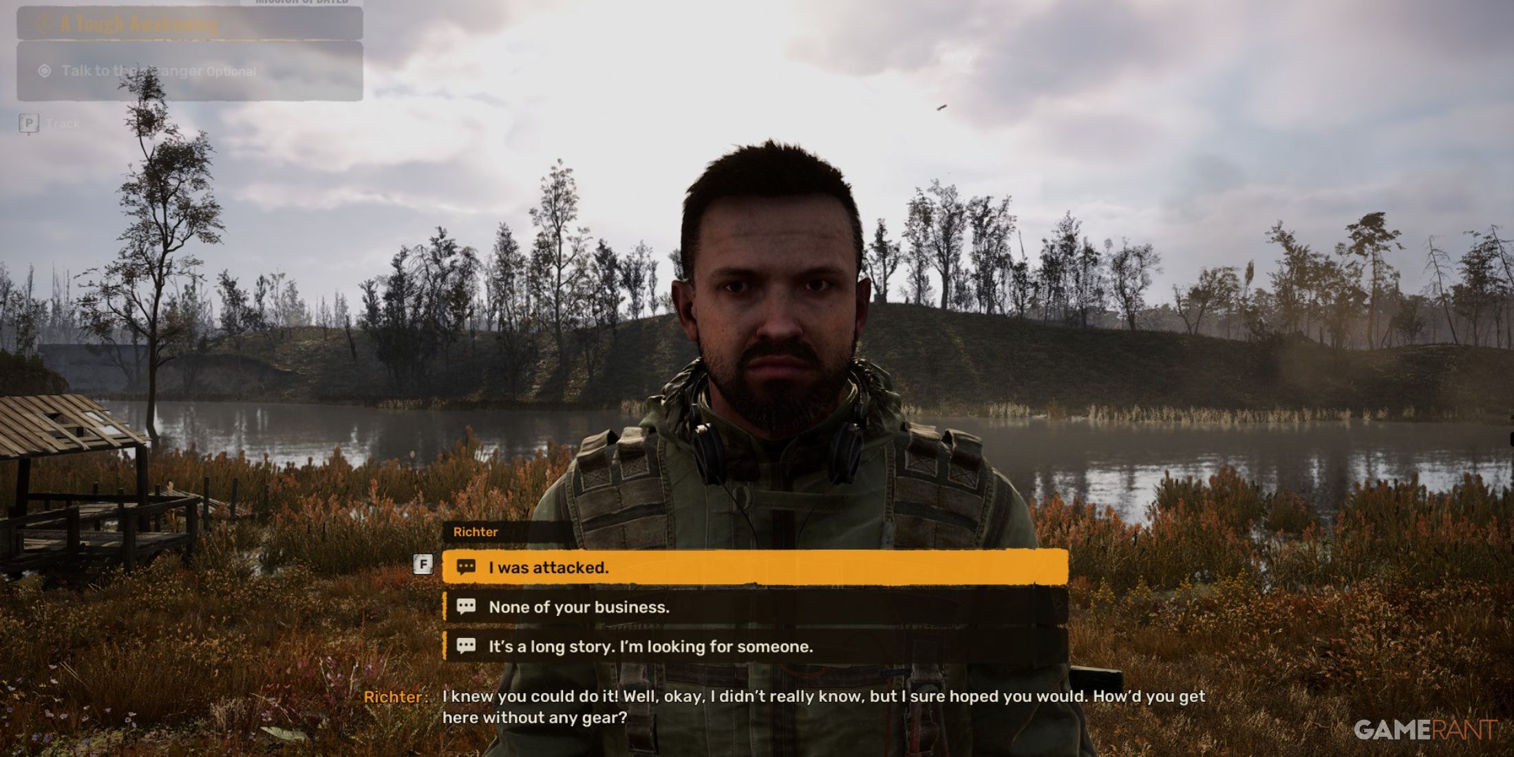 Dialogue screen with a character standing near a lake, offering multiple dialogue options in STALKER 2