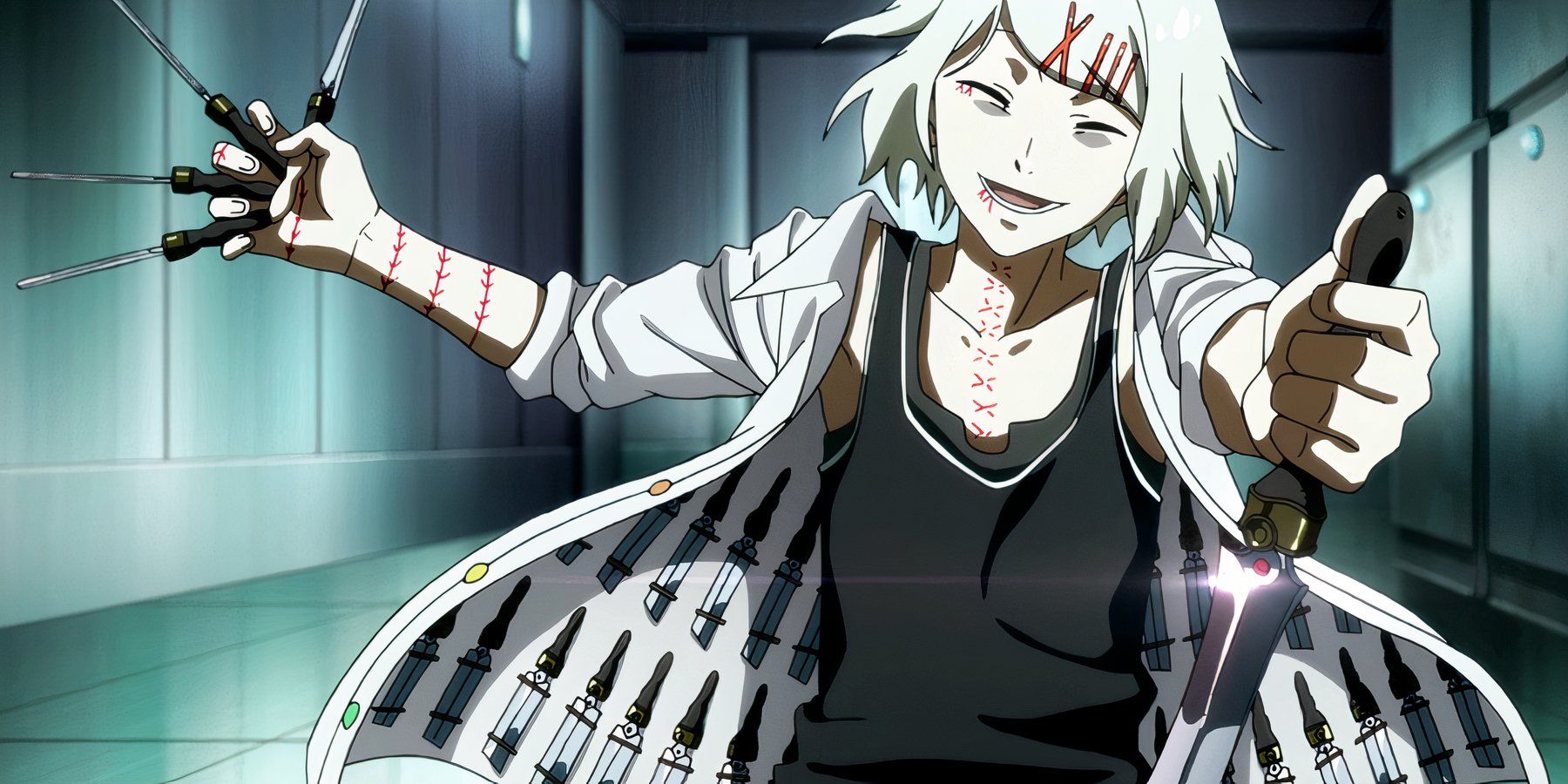 Juuzou Suzuya happily walks down a hallway with multiple knives in Tokyo Ghoul.