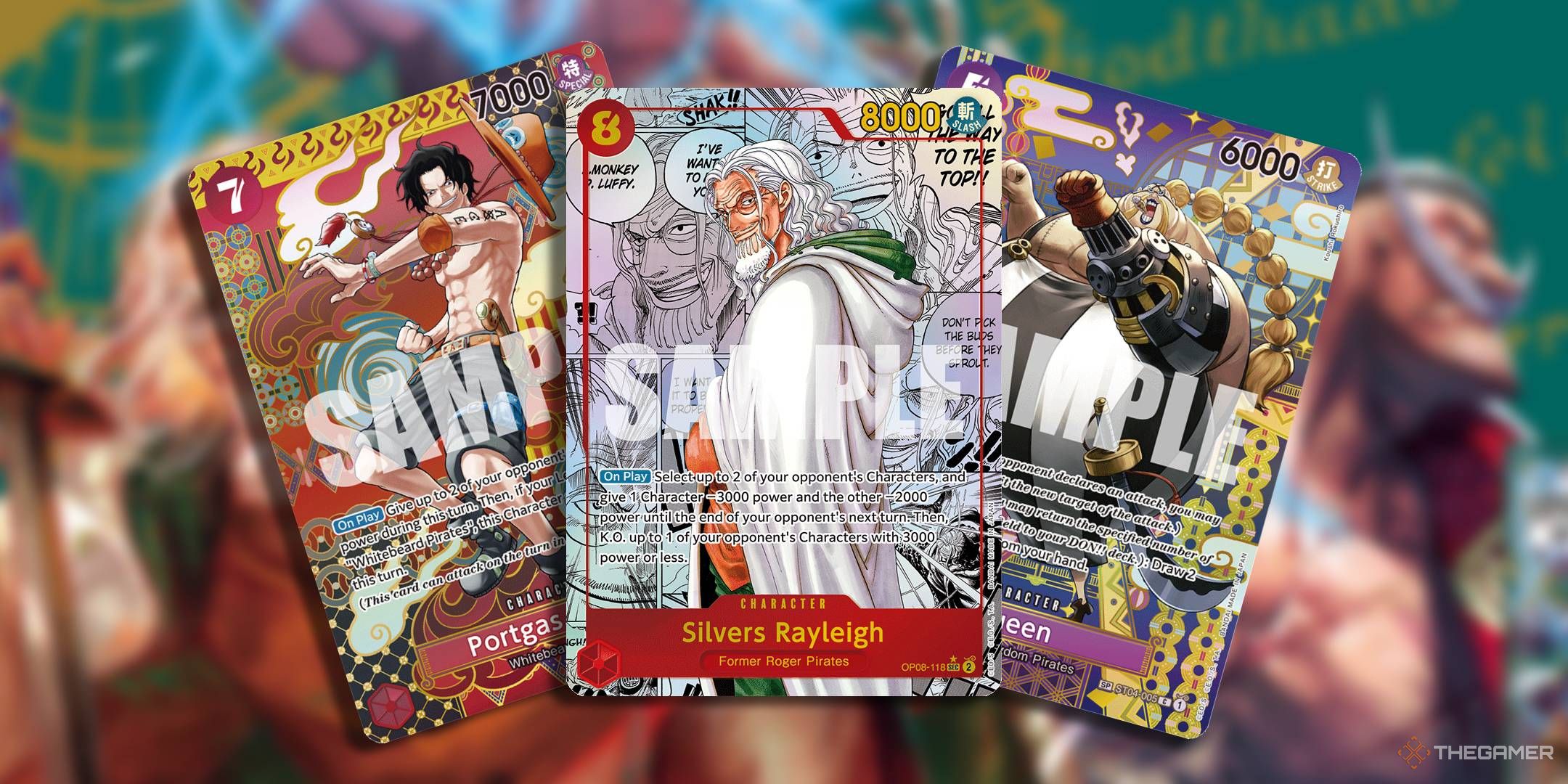 Silvers Rayleigh,  SP Queen, and SP Ace cards fanned out with OP08 Two Legends key art in the background.