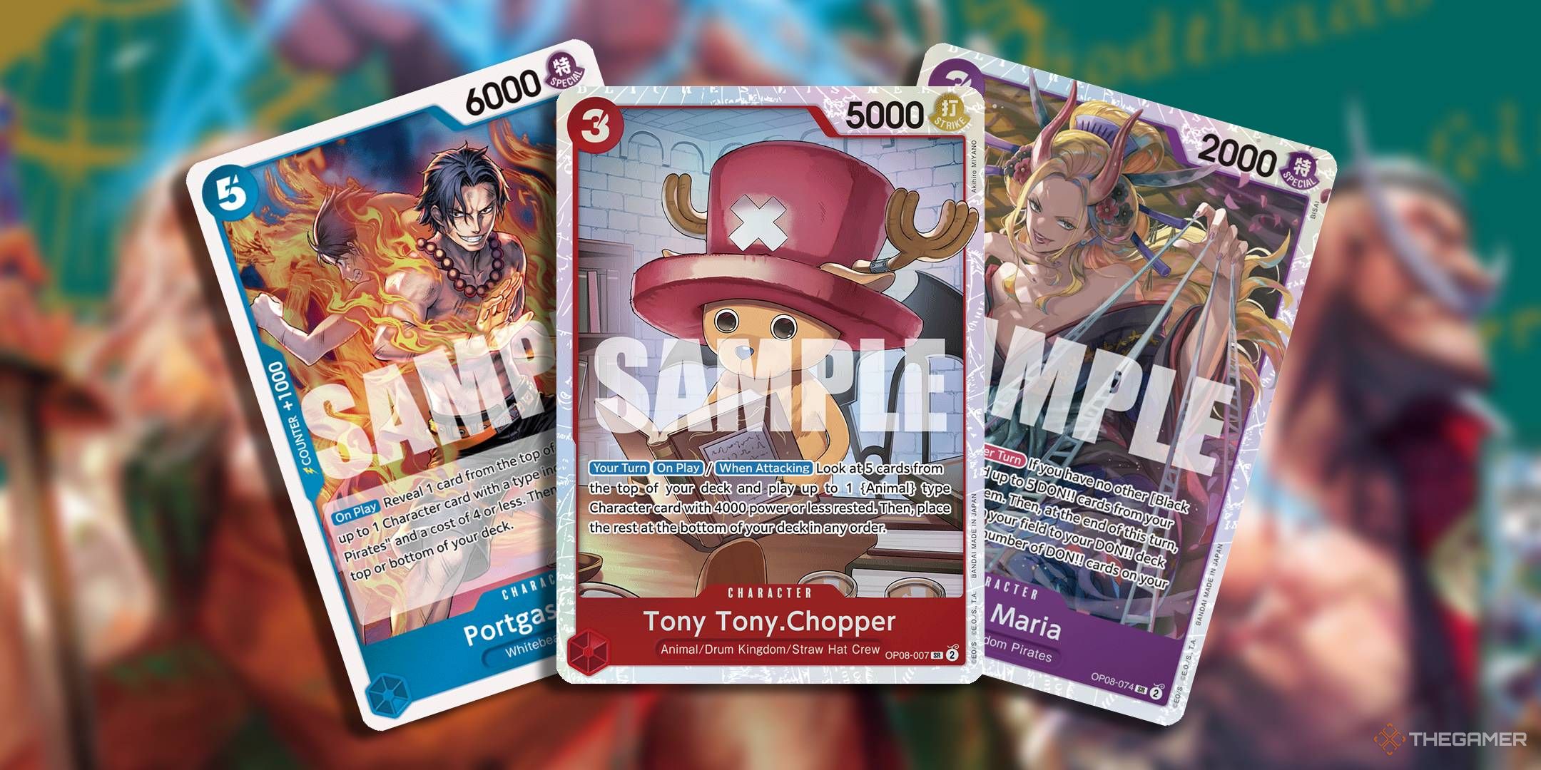 Chopper, Black Maria, and Ace cards fanned out with OP08 Two Legends key art in the background.