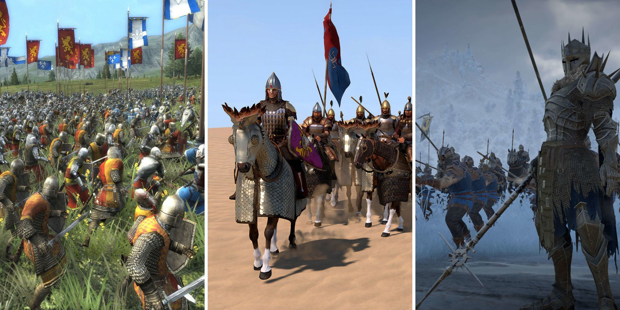 A grid showing the three games Total War: Medieval 2, Mount & Blade 2, and Conqueror's Blade