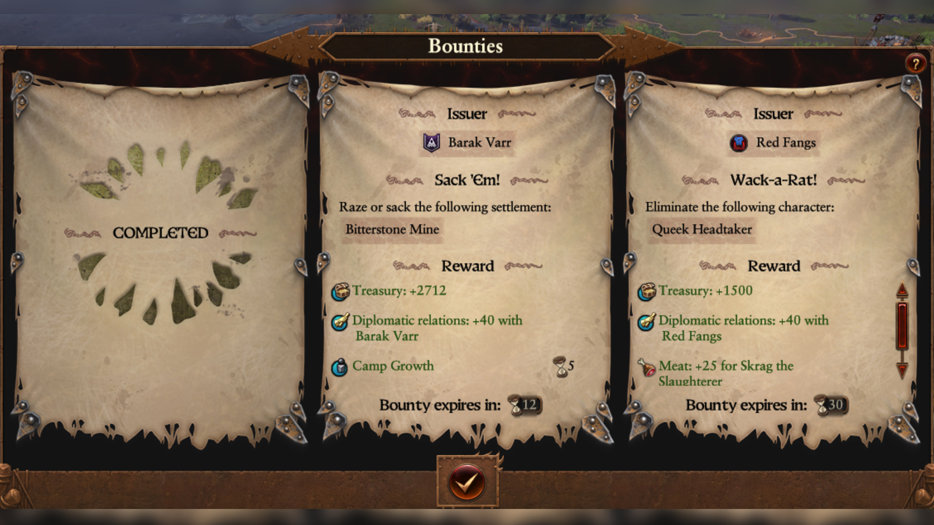 Total War Warhammer 3 patch 5.3 - The new Ogre Kingdoms bounties screen.