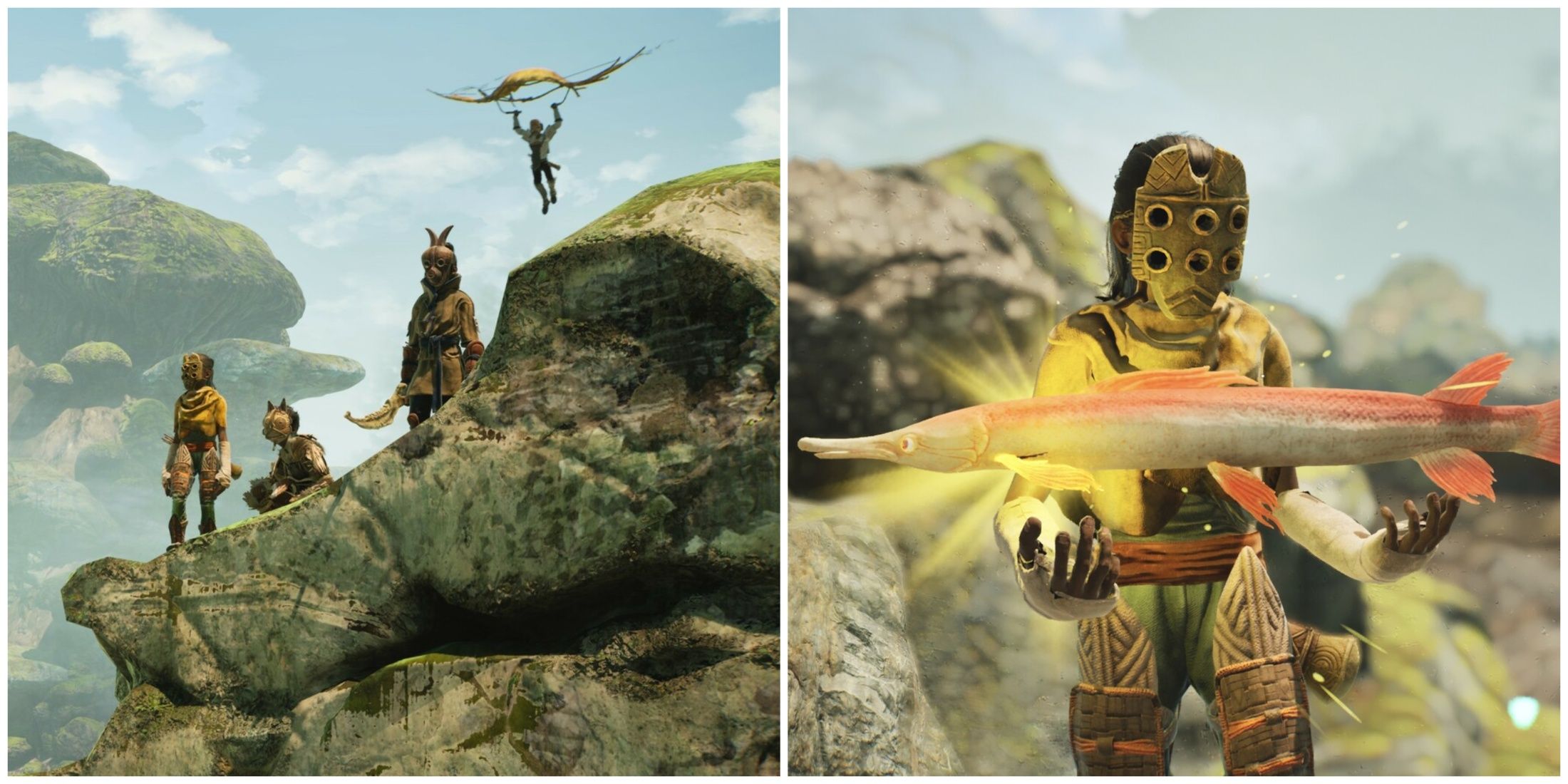 Split image of some characters exploring and a character fishing in Towers of Aghasba