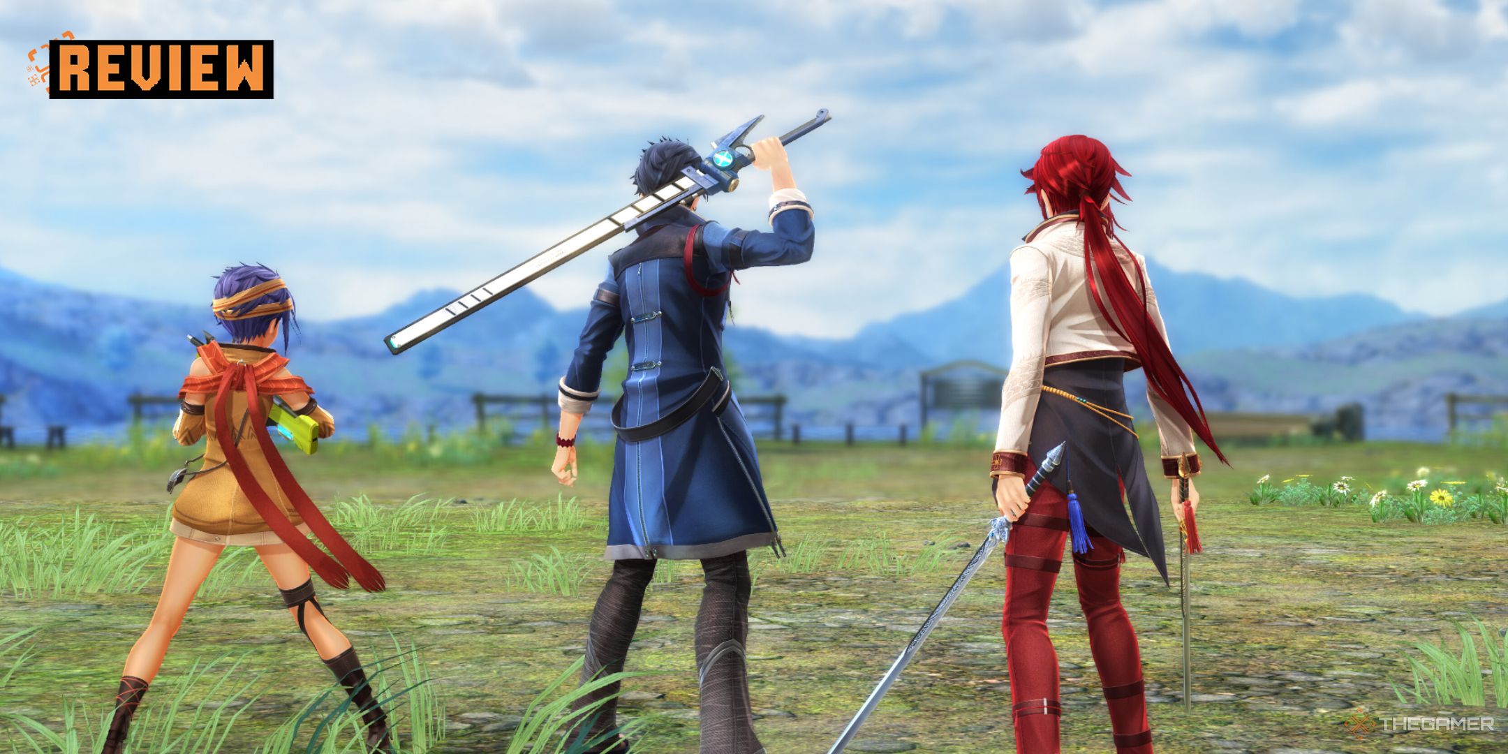 Trails Through Daybreak screenshot of three characters standing together in a grassy area