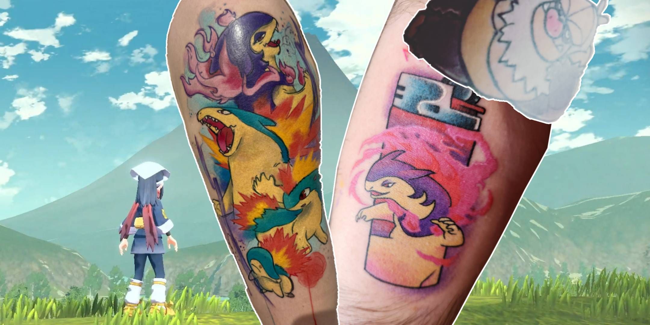 Pokemon tattoos in front of a Hisuian landscape