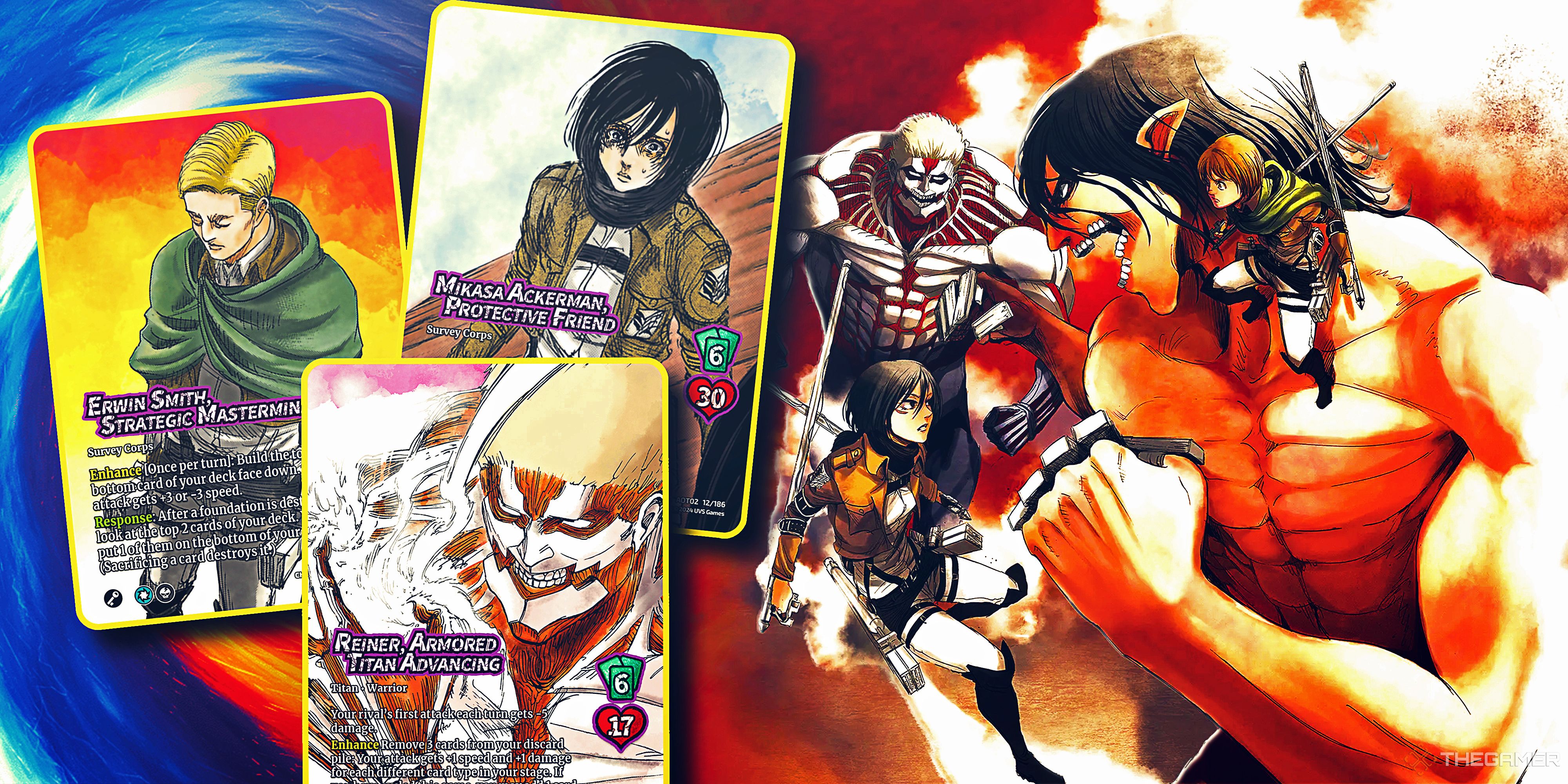 Reiner, Mikasa, Eren, and Armin behind cards from UniVersus.