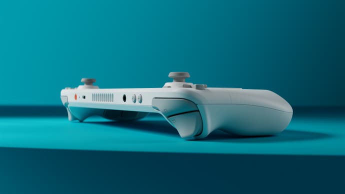 Promotional photo of the Steam Deck OLED: White Edition showing the rear of the handheld from a three-quarter angle.