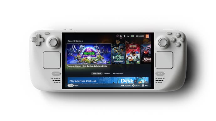 Promotional photo of the Steam Deck OLED: White Edition showing the entire handheld face-on.