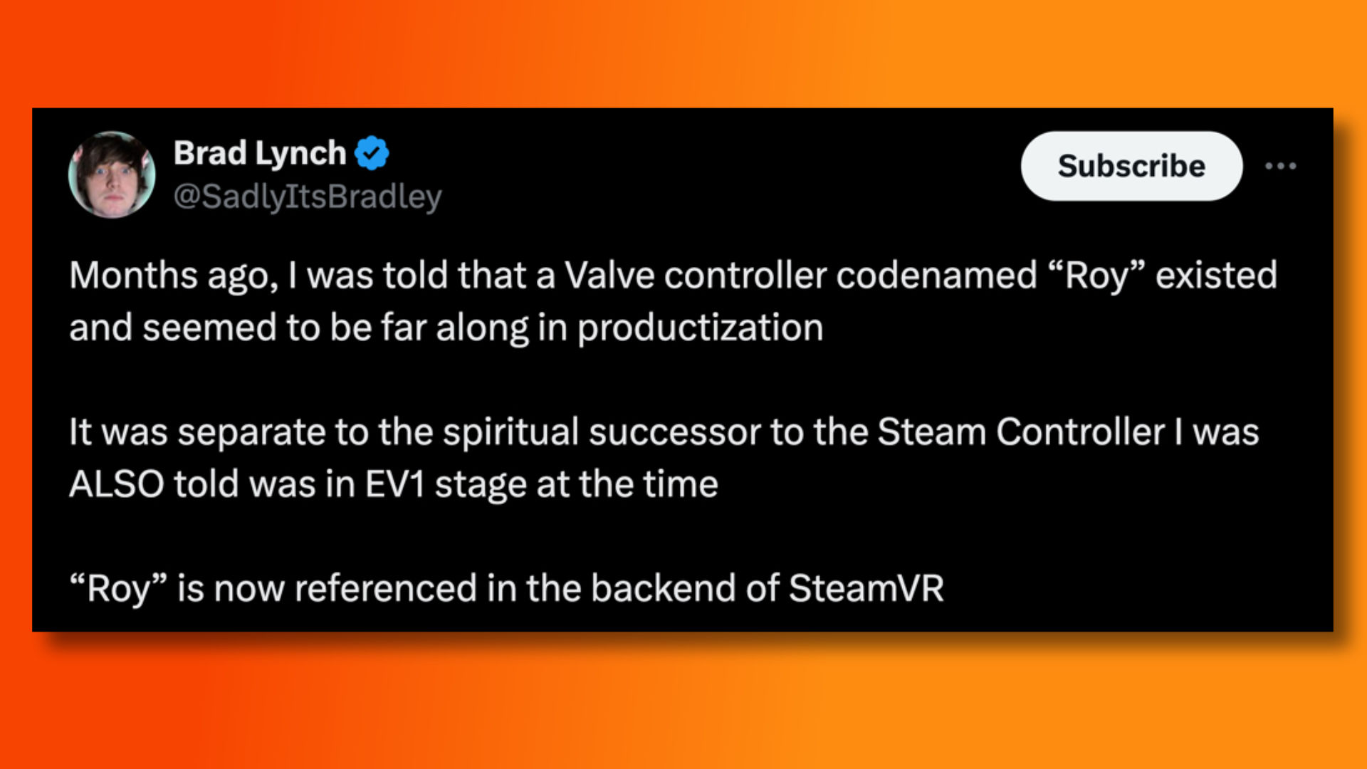 A tweet from Brad Lynch about new Steam Controllers