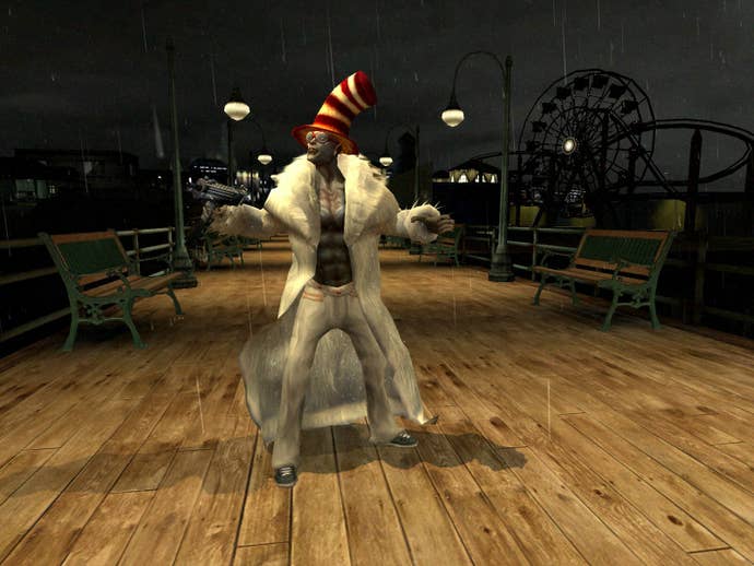 A male vampire dressed as The Cat in the Hat wields an automatic weapon on Santa Monica Pier.