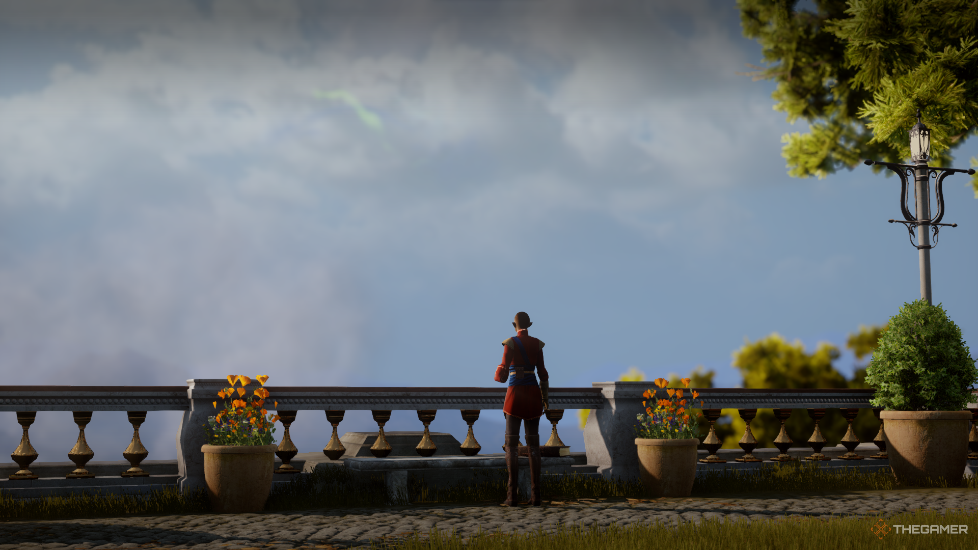 An elf Inquisitor in Val Royeux, looking over a balcony in Dragon Age Inquisition.