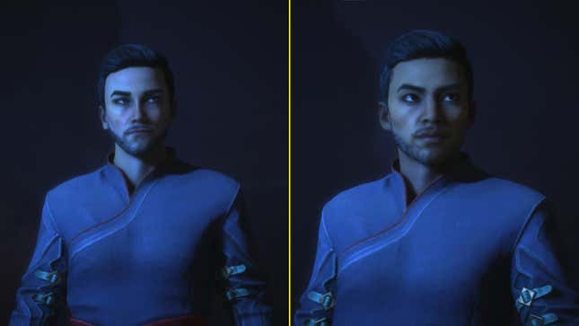 A side-by-side comparison of two images of the Inquisitor, who share the same hairstyle and beard, but nothing else.