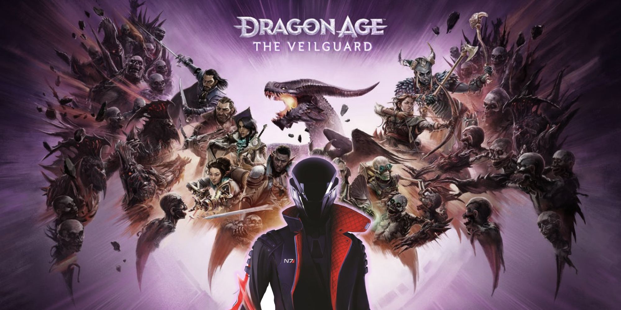 Dragon Age: The Veilguard's official artwork depicting a collage of its characters resembling a dragon, with the mystery N7 character Mass Effect 5's teaser trailer released durign its 2023 N7 Day.